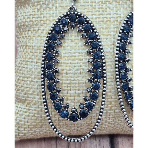 Silver Tone & Blue Crystal Large Dangle Double Hoop Earrings Pierced 2.5" - Picture 3 of 5